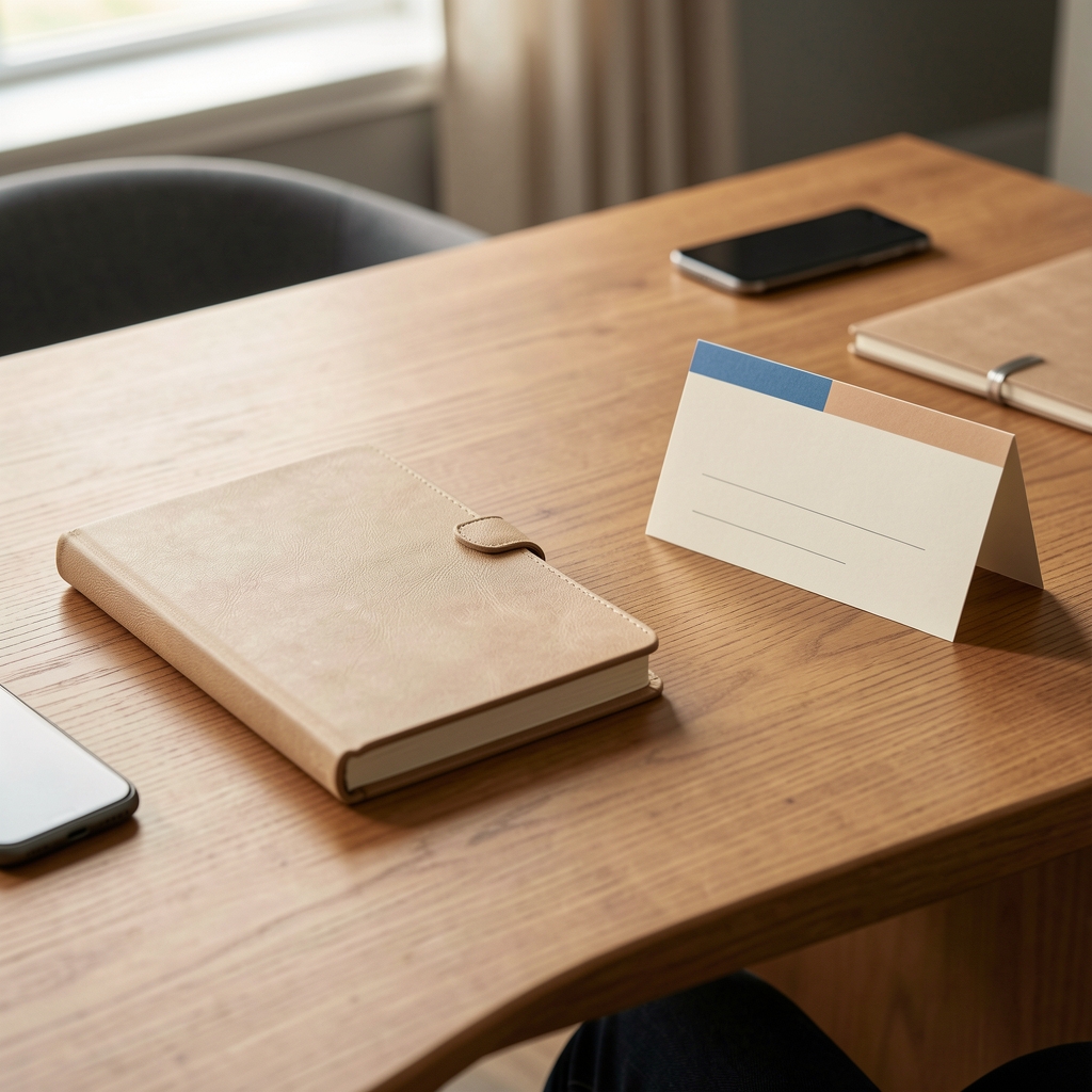 Warm Krentova customer support desk with notebook phone and Cape Town address card