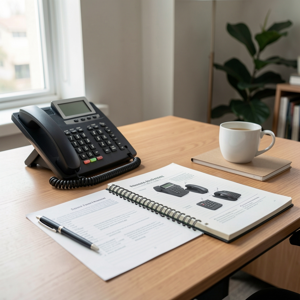 Friendly Krentova customer support workspace with phone, notebook and product information