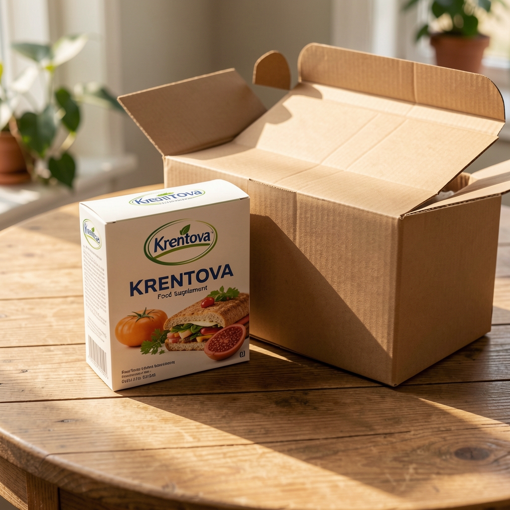 Krentova food supplement pack and delivery parcel arranged on a sunlit wooden table