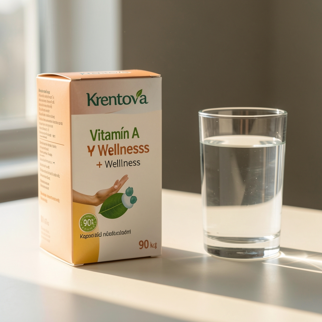 Krentova Vitamín A + Zinok Eye Wellness 90 kapsúl pack beside a glass of water and Cape Town morning light