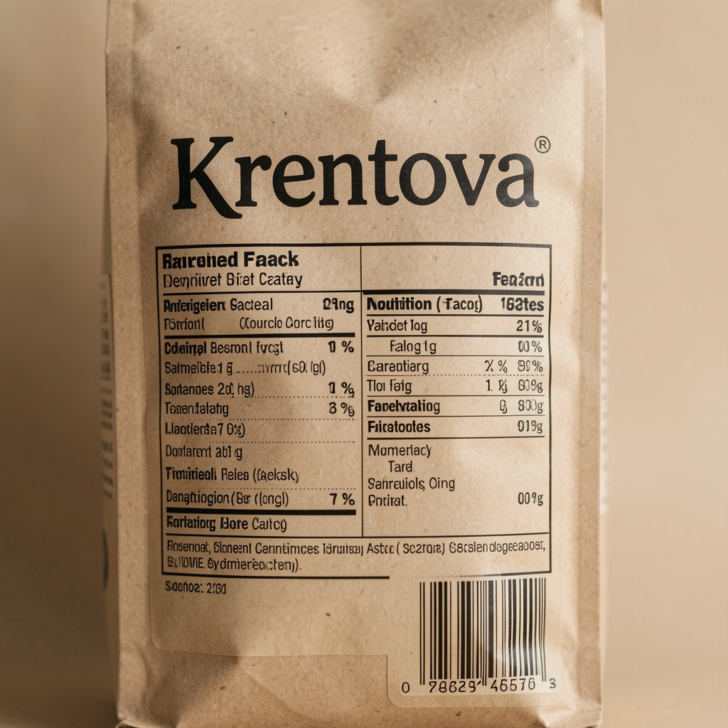 Close view of Krentova pack lettering and ingredient panel on a warm neutral surface