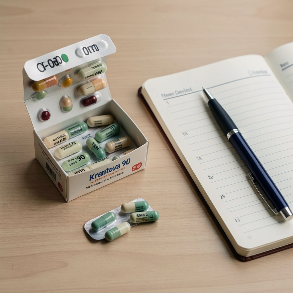 Krentova 90 capsule pack opened beside a daily planning notebook and pen