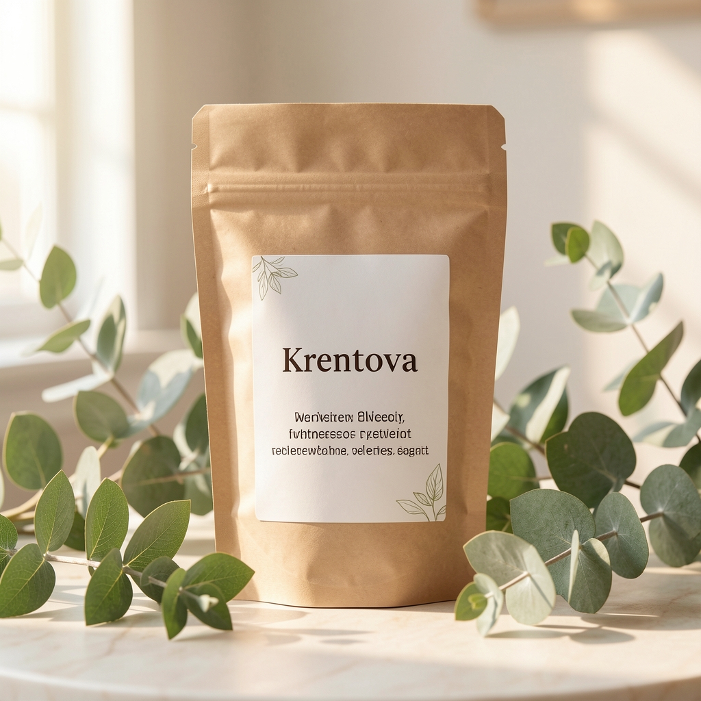 Krentova wellness packaging styled with soft botanical leaves and natural daylight